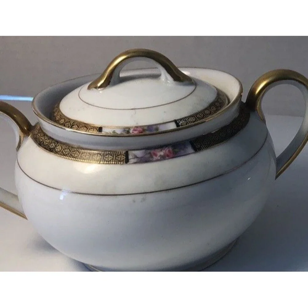 Vtg. Set Noritake Sugar Bowl With Lid & Creamer Japan Pink Rose Green Mark
